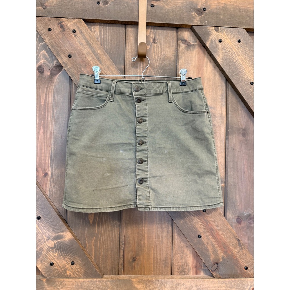 Mudd Skirt Women 11 Olive Green Good Button Front FLX Stretch Mini Twill